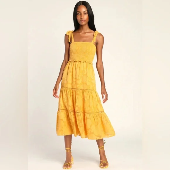 Lulu’s Love Yellow Jacquard Smocked Tie-Strap Midi Dress - Picture 1 of 6